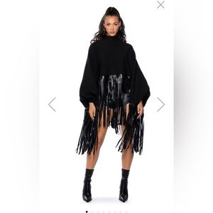 CITY GIRL FAUX LEATHER FRINGE CAPE SWEATSHIRT NWTS